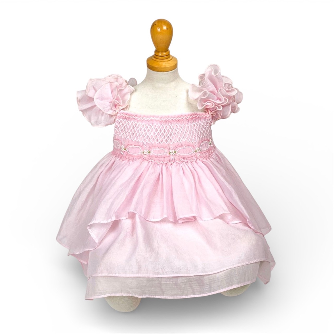 ピンクコットン袖フリルドレス